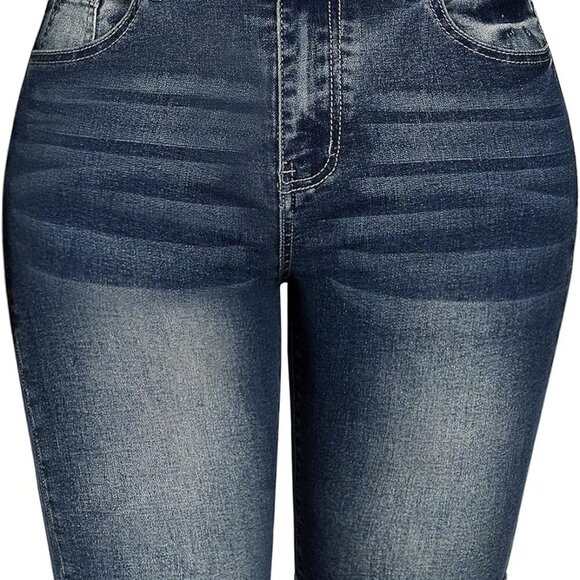 Women's Blue Stretch Denim Bermuda Shorts Mid Rise Rolled Hem